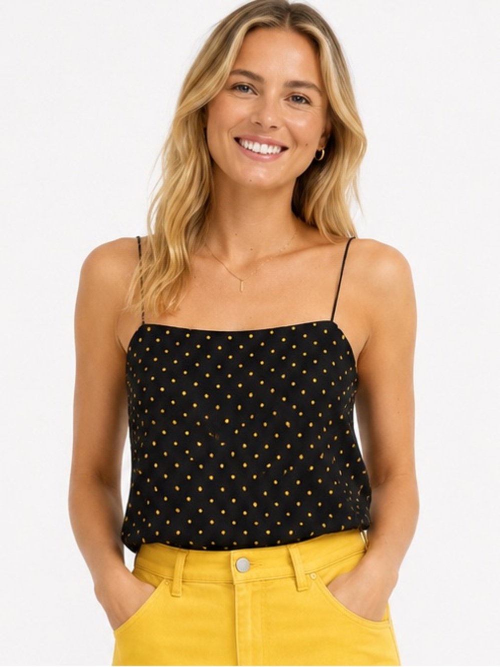 Everlane The Polka Dot Cami Black Yellow Dot Print Cupro Lined Size 10